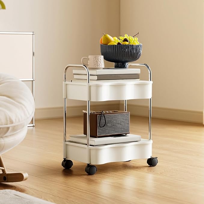 2 Tier Utility Rolling Cart with Wheels Under Desk Storage Cart Organizer with Handle for Home Kitchen Bathroom Office Organization White