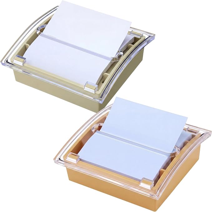 Junkin 2 Pcs Pop up Sticky Note Dispenser 3 x 3 Inch Sticky Note Holder with Transparent Top Colorful Base for School Office Home Store Desk Supplies (Beige and Green)