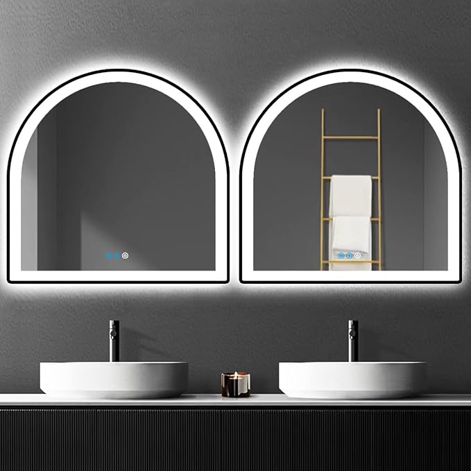 THEKLA 33 x 31 Inch Black Arch Vanity Mirror with Lights Black Frame Light up LED Arch Mirror for Bathroom Wall Tabletop Makeup Arched Lighted Mirror 33"x31"Smart Memory 3 Color Dimmable AntiFog