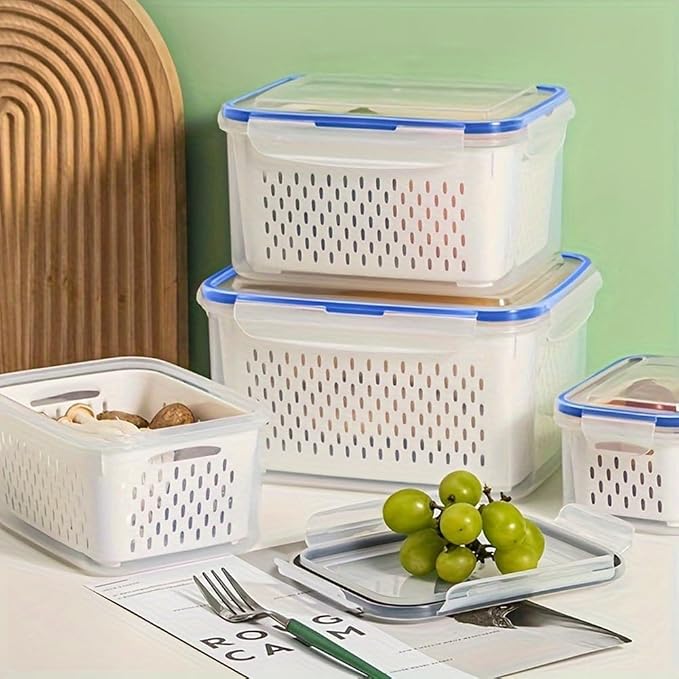 2 Pcs Fruit Storage Containers for Fridge with Removable Colander, Airtight Leakproof Produce Saver Set, Plastic Fridge Organizers for Vegetables, Berries & Meat, Dishwasher Safe