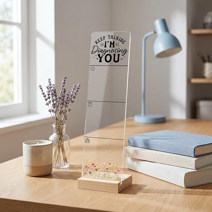 Sticky Note Holder, Monitor Memo Board, Acrylic Post It Note Holder with Wooden Base, Includes 200 Notes, Desk Organizer Funny Diagnosing Quote