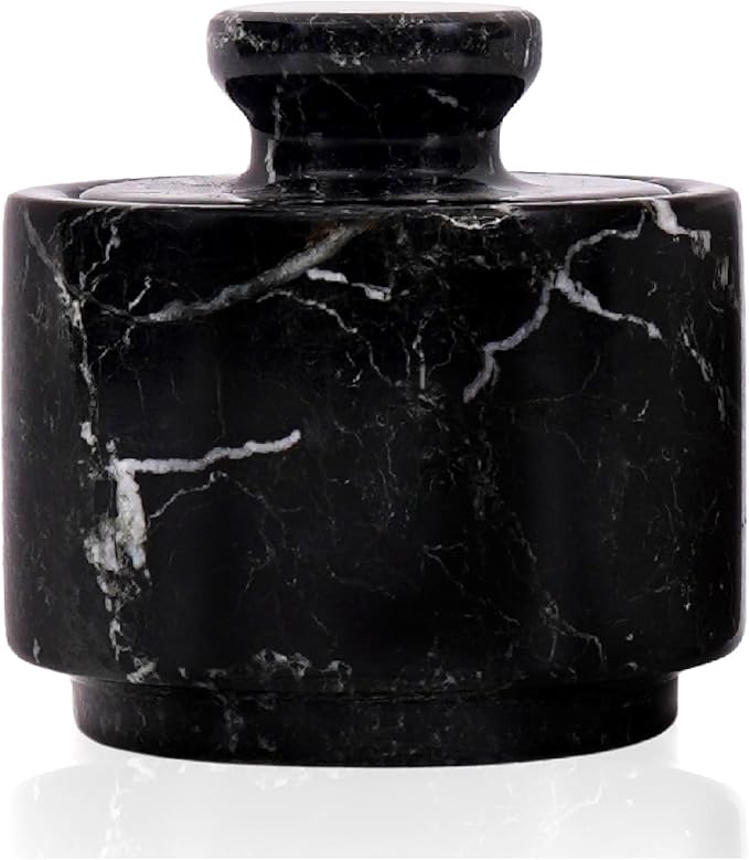 MARBLOUS KRAFTS Marble Salt Cellar 3" Black Zebra Stone salt dish, Sugar, Seasoning salt containers for Countertop, Modern salt holder with lid, Kitchen Spice Jar