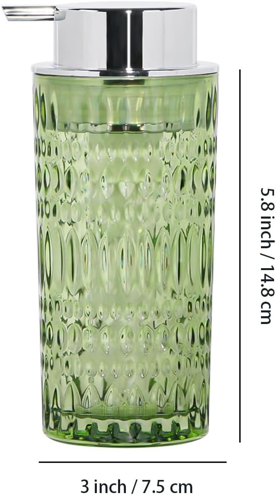 Foam Soap Dispenser, Glass Foaming Hand Soap Dispenser with Pump, 14 Oz Bathroom Refillable Liquid Lotion Pump Bottle Container for Kitchen Countertop Decor (1, Green Silver)