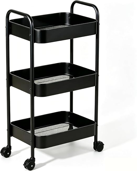 Multifunctional Rolling Utility Cart, 3-Tier Wheeled Storage Organizer with Brakes, Portable Shelving Unit for Home & Office Black