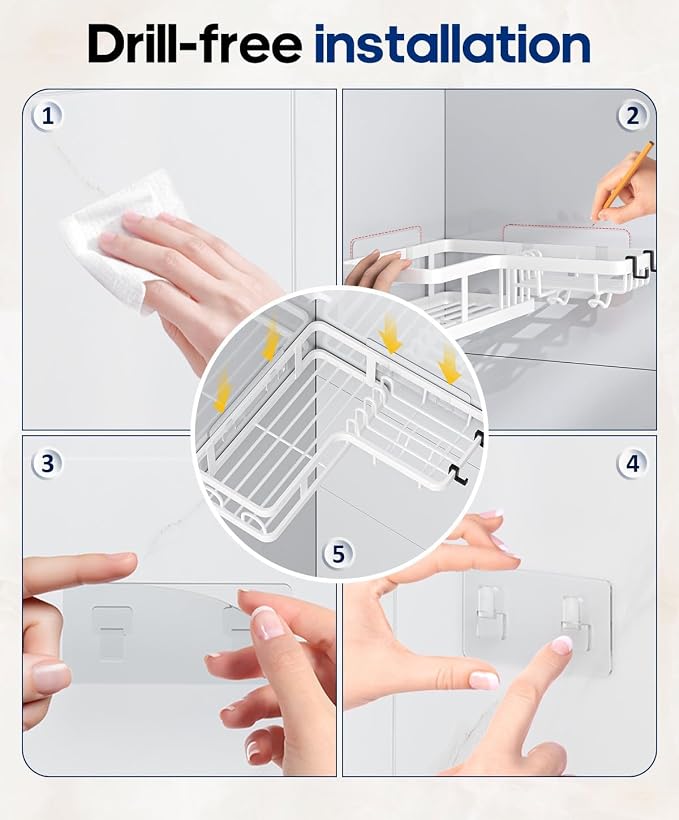 3 Pack Corner Shower Shelves, Rustproof Shower Organizer Caddy | No Drilling Shower Organizer Corner Exclusively for 90 Degree Right-Angle Walls with Hooks and Toothpaste Holder, White