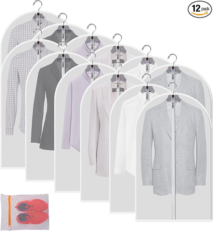 MsKitchen Garment Bags 12 Pack, 24 x 40 Hanging Clothes Storage Bags, Translucent PEVA Garment Covers with Full Zipper for Suits and Dresses