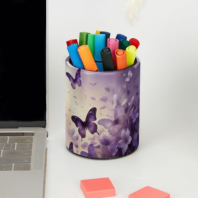 Leather Pen Holder for Desk, Butterfly Floral Pencil Cup Pen Organizer Makeup Brush Holder for Office Home Kids Countertop Desk Accessory Storage