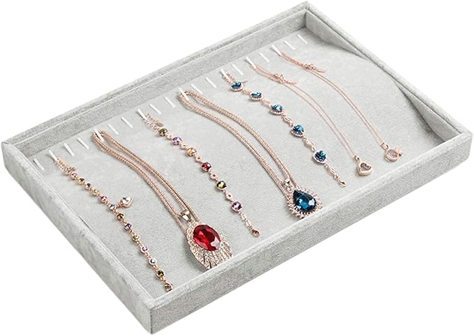 Stratalife 20 Hooks Necklace Organizer Tray, Stackable Jewelry Organizer for Women, Velvet Jewelry Display Storage Tray for Necklace Bracelet, 13.8" x 9.4" x 1.2", Grey