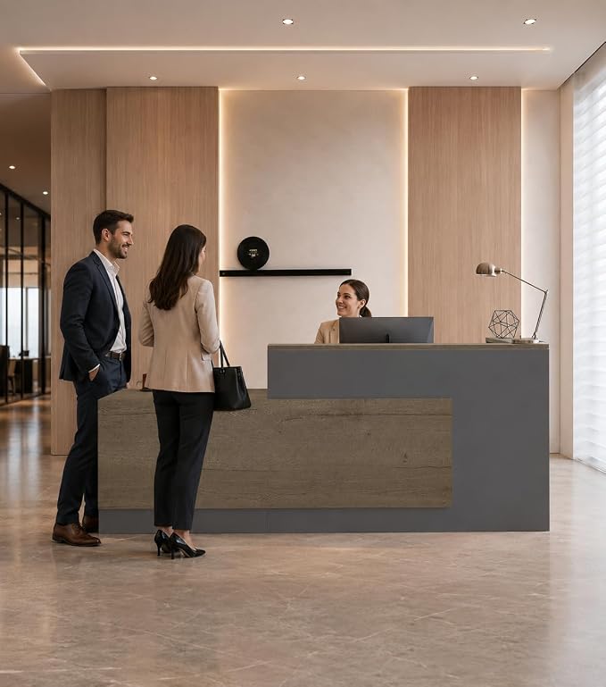 Modern L-Shaped Reception Desk with Counter - 71 Inches Front Desk with Storage Cabinet, Open Shelves, Lockable Drawer & Keyboard Tray for Office, Lobby, Checkout (Tobacco Wood & Iron Gray - Left)