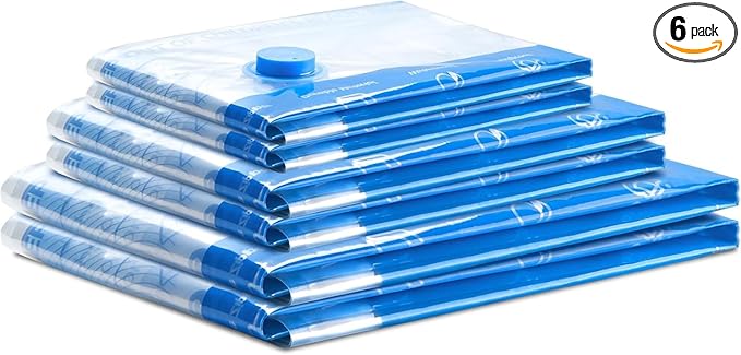 Vacuum Compression Storage Bags for Clothes - 6 Pack Reusable Space Saver Bags for travel (2 Large + 2 Medium + 2 Small)