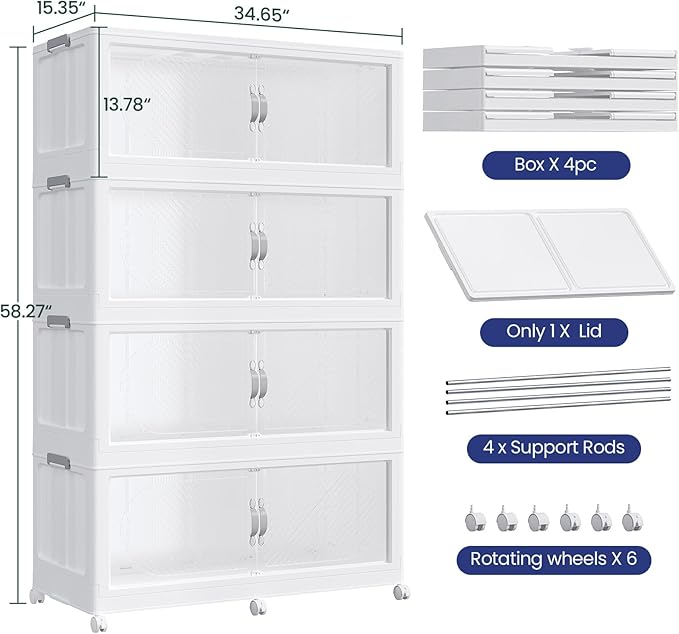 240Gal/960QT 4-Tiers Extra Large Stackable Storage Bins with Lid, Collapsible Cabinet Closet Organizer Plastic Container Box with Wheels Doors Drawers for Office Dorm Kitchen Office, White
