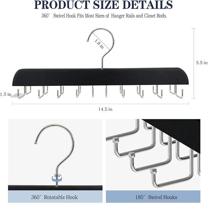 1PC Tie Rack Organizer, Tie Hanger for Closet with 20 Foldable Hooks, Black | Non Slip Neck Tie Organizer, Large Capacity, Space Saving, 360° Rotating Hook, Fits for Tank Tops Bras Cami Scarves