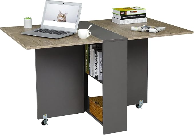 Folding Drop Leaf Dining Table with 6 Wheels and 2-Layer Storage Shelf, Space Saving Table for Small Spaces, Chestnut and Gray 51.2 inch D x 31.5 inch W x 28.4 inch H