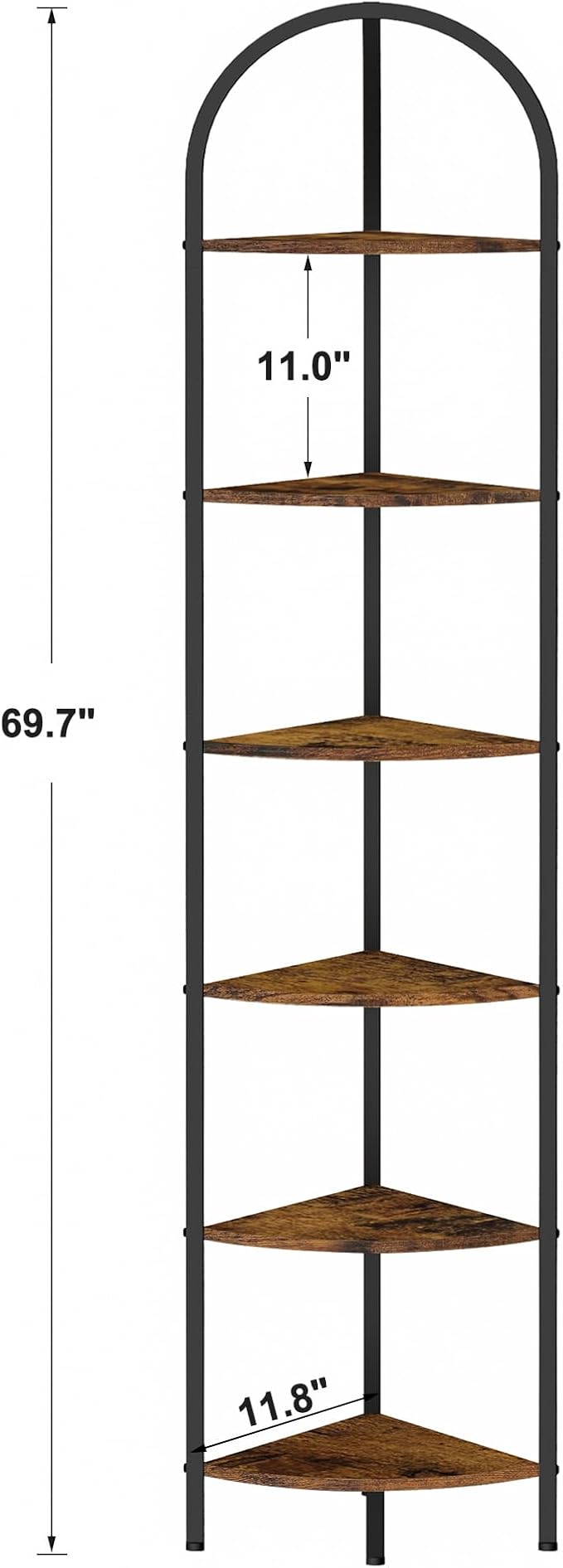 Homhedy 6-Tier Arched Corner Shelf Stand, Wall Corner Bookshelf | Plant Stand with Metal Frame, Industrial Storage Rack Shelf for Living Room, Bedroom, Office, Bathroom, Rustic Brown