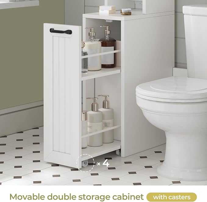 UPOSOJA Over The Toilet Storage Cabinet with Pulley Small Bathroom Storage Cabinet, Space Saver W/Adjustable Shelf & Open Shelf for Bathroom, Restroom, Laundry (White-Type A)