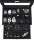Kukikan Watch Jewelry Box Organizer, 6-Slot 2-Layer Case and Sunglasses Storage with Large Glass Lid, Men's Jewelry Box with Lock, Watch Holder Display Case, Fathers Day Gift, All Black
