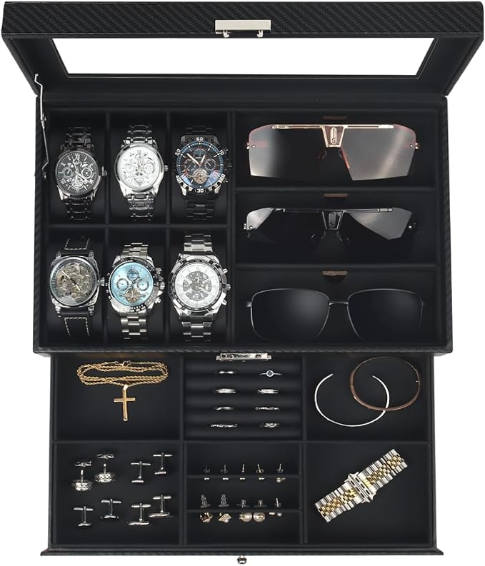 Kukikan Watch Jewelry Box Organizer, 6-Slot 2-Layer Case and Sunglasses Storage with Large Glass Lid, Men's Jewelry Box with Lock, Watch Holder Display Case, Fathers Day Gift, All Black