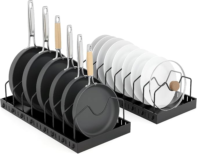 2 Pcs Pots and Pans Organizer Under Cabinet - Expandable Pull out Cabinet Organizer for Pots and Pans, Pan and Lid Organizers Inside Cabinet, Adjustable Storage Rack, Carbon Steel (Black)