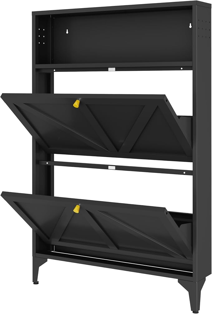 Shoe Cabinet with 2 Flip Drawers and Open Top Space-Metal Narrow Shoe Rack for Entryway,Hallway,Living Room-Hidden Metal Shoe Cabinet-Freestanding Shoe (2 Door, Black)