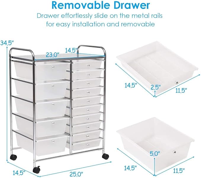 Moccha 15-Drawer Rolling Storage Cart - Under Desk Storage Drawers with wheels for Craft Art Supply Paper Salon, Scrapbook Paper Tools, Mobile Utility Cart for Classroom (15 Drawers, Clear)