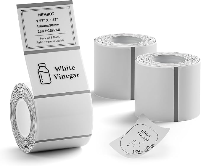NIIMBOT 3 Roll Set Labels, 1.6" X 1.2" (40x30mm) Waterproof Thermal Label | Clear Label for B1/B21/B31 Label Maker, for Kitchen Jar/Address/Barcode/Travel Bottle