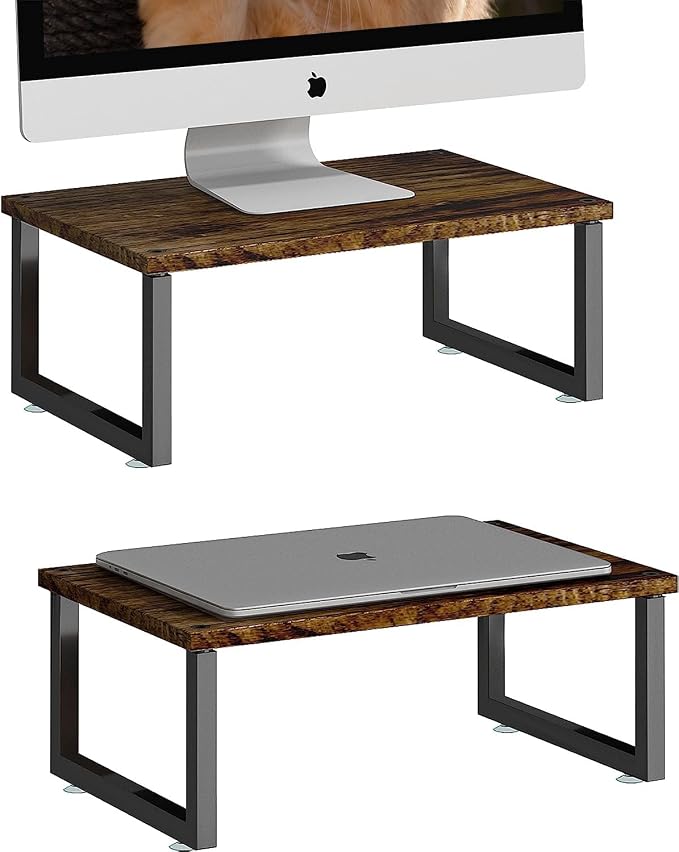 Simple Trending 2 Pack Monitor Stand Riser, Wood Desk Storage Organizer for Office Laptop, Computer, Antique Brown