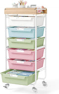 6 Drawer Rolling Cart for Craft Storage,Utility Drawer Organizer with Handle and Wooden Top,Storage on wheels for Office, Classroom,Laundry,Garage,Snack,Art Supply,Colorful