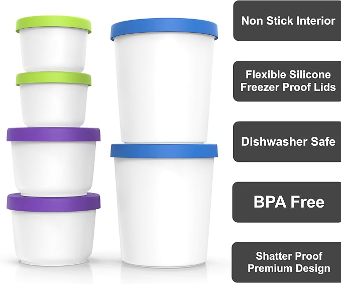 BALCI - Premium Ice Cream Containers (6 Pack - 1 Quart, 16oz & 8oz) Perfect Freezer Storage Tubs with Lids for Ice Cream, Sorbet and Gelato! - Blue | Purple | Green