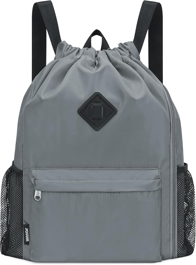 WANDF Drawstring Backpack with Shoe Compartment, Sports Gym Bag | Multi-Pocket Storage, Water-Resistant Fabric, Cinch String Bag