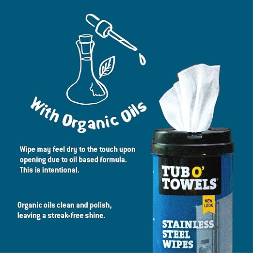 Tub O' Towels Heavy Duty Stainless Steel Cleaner Wipes 2 Pack – 40 Count Cleaning Wipes with 12 x 12 Microfiber Cloth for Appliances & Metal Surfaces