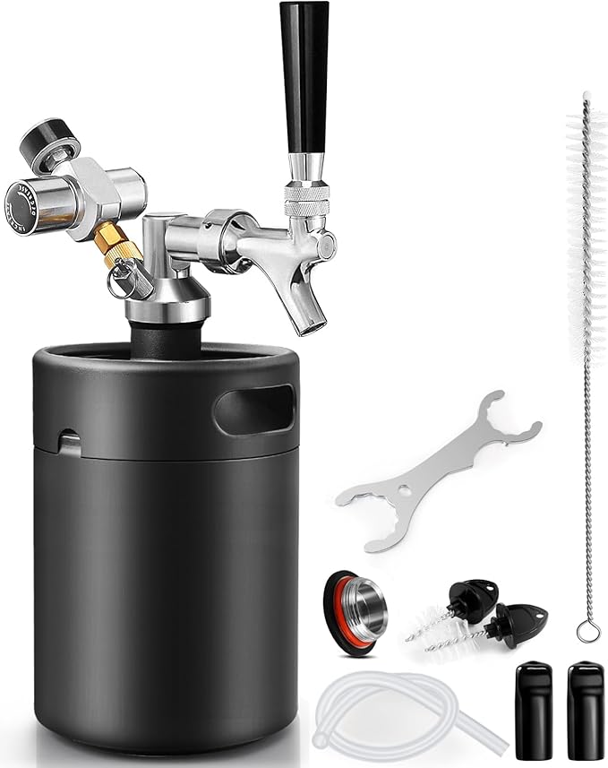 Mini Keg Growler Tap System, 64OZ Pressurized Stainless Steel Beer Keg, Durable Beer Dispenser System with CO2 Regulator & Self-Closing Faucet, Portable Beer Growler to Keep Fresh for Homebrew