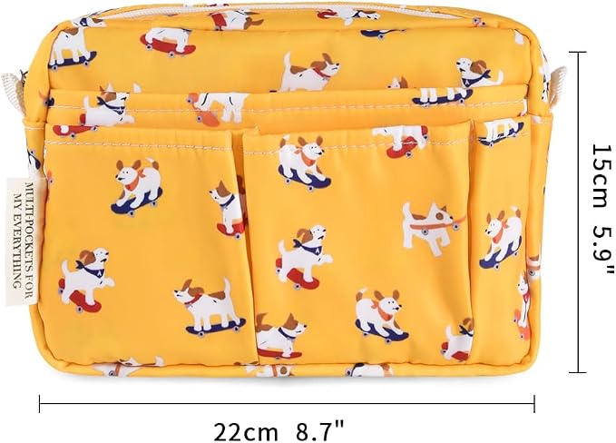 E-WEICHEN Multiple Pockets Portfolio Organizer with Zippered, Makeup Bag Travel Essentials for Women, Simple Waterproof Stationery Pencil Pouch Bag for Journal Office Art Supplies.Yellow Dog