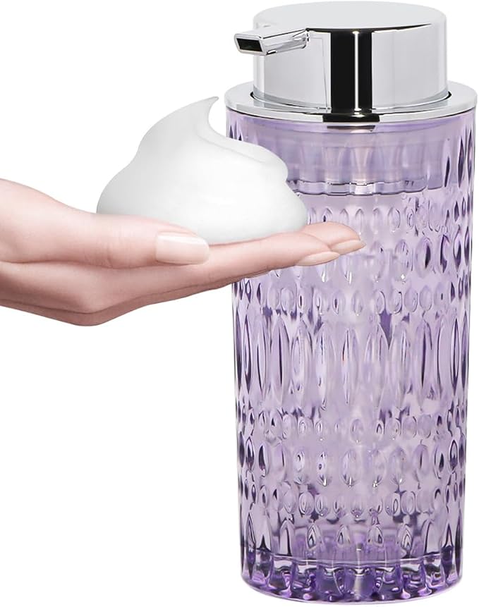 Foam Soap Dispenser, Glass Foaming Hand Soap Dispenser with Pump, 14 Oz Bathroom Refillable Liquid Lotion Pump Bottle Container for Kitchen Countertop Decor (1, Purple Silver)