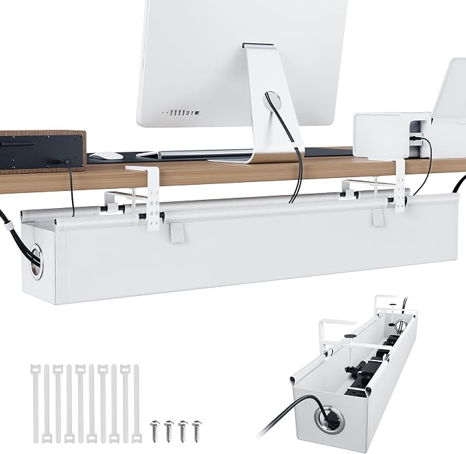 KEEGH Under Desk Cable Management Tray 36", Fabric Clamp/Screw Mount Cord Organizer, No Drill Under Desk Cable Tray for Home, Offices, Studios, Gaming Room (White)