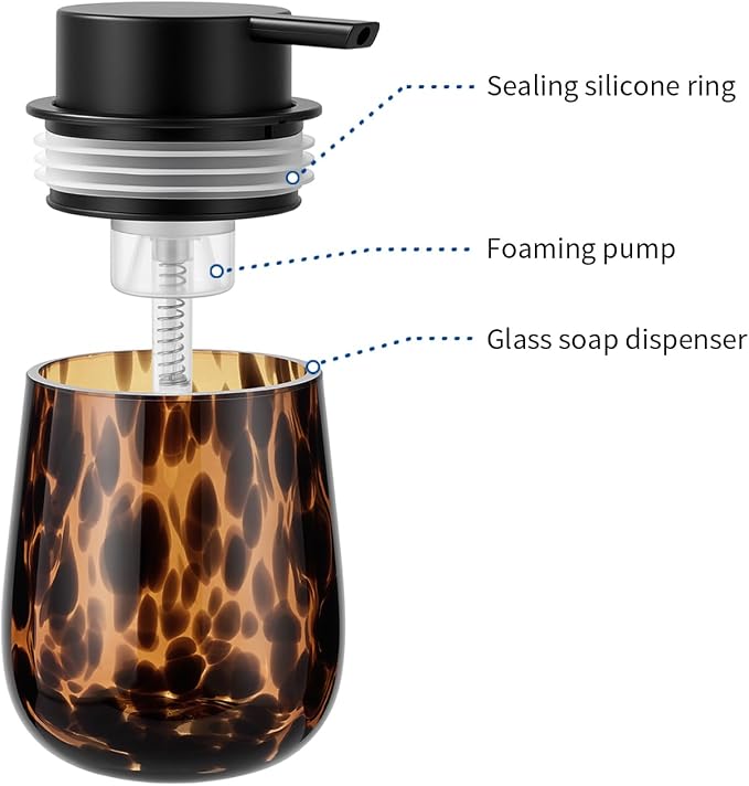 Marble Glass Foaming Hand Soap/Lotion Pump Dispenser, Refillable for Kitchen and Bathroom Countertop (Amber)