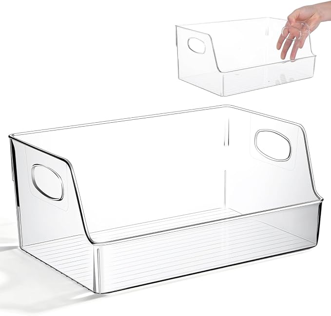 NUOBESTY Clear Storage Bins with Handle Plastic Book Organizer Basket for Classroom Library Office Home Stationery 13.4X8.5X5.9 Inch