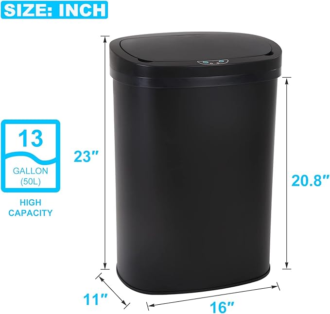 Bigacc Kitchen Trash Can | Stainless Steel 13 Gallon Trash Can | 50L Touch Free Garbage Can with Lid | Electronic Motion Sensor Automatic Trash Bin High Capacity for Kitchen Bathroom Office, Black
