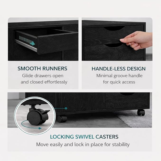 Naomi Home Wooden 5 Drawer Office File Cabinet with Shelves and Wheels, Mobile Storage Cabinet with Drawers for Home Office, Ideal for Under Desk or Printer Stand Use in Distressed Black
