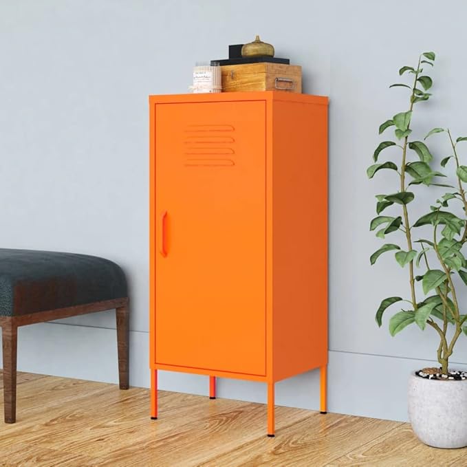 Modern Orange Steel Storage Cabinet with Adjustable Shelves for Living Room and Bedroom Organization, 2 Spacious Shelves for Books and Small Items, Free-Standing Metal Design