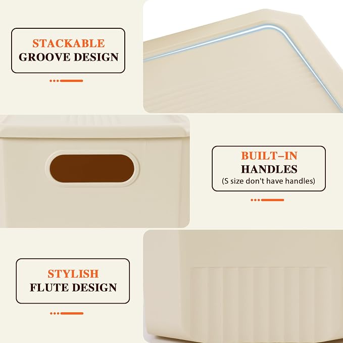 ANMINY 8PCS Plastic Storage Bins Containers with Lids, Large Storage Organization Bins Boxes, Lidded Plastic Storage Baskets for Closet Shelves Desktop, Ivory Lids, 1XL + 1L + 2M + 4S