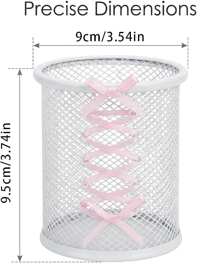 Pen Holder for Desk - Cute Ribbon Bow Wire Mesh Pencil Cup, Lace-up Desktop Organizer for Girls & Teens, Decorative Stationery Storage for Home Office (White)