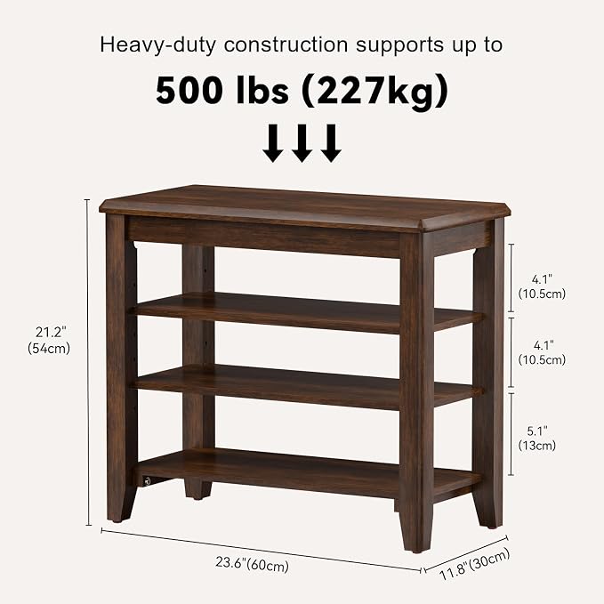 Taitiy Shoe Bench Storage Rubberwood, Entryway Bench with 3-Tiers Height Adjustable, Shoe Rack Front Door Entrance Organizer for Hallway Living Room, Mudrooms, Walnut,23.6"