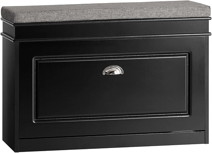 Haotian Shoe Storage Bench with Cushion | Black Narrow Shoe Rack for Entryway, Small Shoe Cabinet with Flip-Drawer, Closet Hallway Mudroom FSR82-L-SCH
