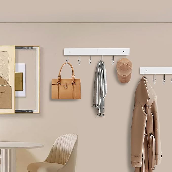 2 Pack Coat Rack Wall Mount with 12 Rotating 180° Coat Hooks, 14.6" Rustproof Wooden Entryway Organizer, Wall Hooks for Hanging Coats, Purse, Hats, Jackets, Towels, Space Saving Hanger (White)