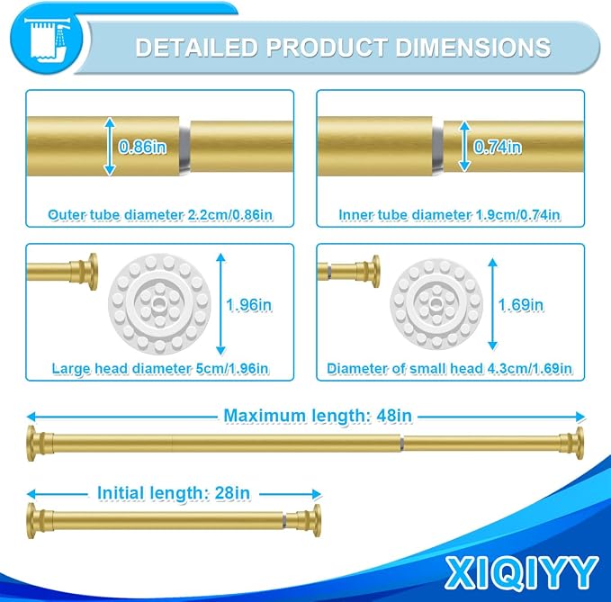 Gold Shower Curtain Rod 28-48 Inches, Adjustable Tension Rod | Spring Tension Sets It in Place with No Drilling, Built in Stainless Steel
