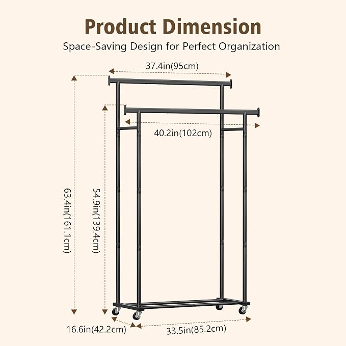 Clothes Rack,Rolling Clothing Rack for Hanging Clothes, Garment Rack Sturdy Clothing Rack Portable Wardrobe Rack Metal Closet Rack for Bedroom Laundry Living Room, Black