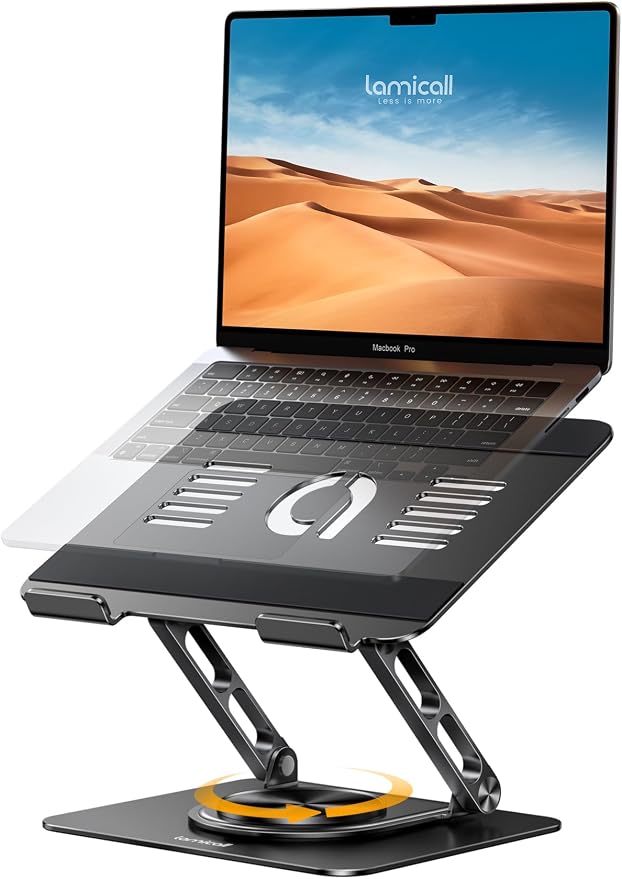 Lamicall Adjustable Laptop Stand for Desk - 360° Rotating Base Ergonomic Computer Stand, Aluminum Laptop Riser Foldable Portable for Office Home fits MacBook Neo Air Pro, Dell, HP (10-17.3'') - Black