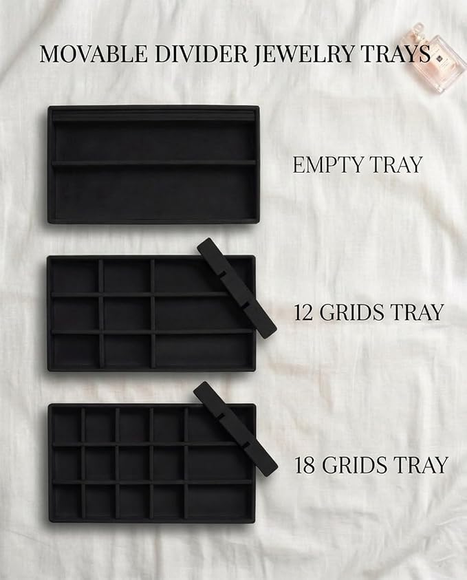 Jewelry Organizer Trays Set of 8,Velvet Jewelry Tray Stackable Storage Drawer Trays for Earring Ring Necklace Jewelry Display Case for Women(8 Set,Black)