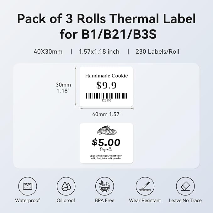 NIIMBOT 3 Roll Set Labels, 1.6" x 1.2" (40×30 mm) Waterproof Thermal Label | for B1/B21/B3S Label Maker, for Mail Address/Homemade Food/Mason Jar/Pantry Kitchen Organization