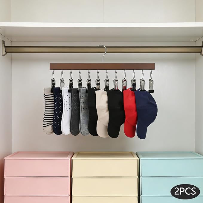 2 Pcs Closet Organizer with 12 Clips, Space Saving Hanging Closet Organizer Wood Hangers with Clips for Pants Hats Scarves Socks
